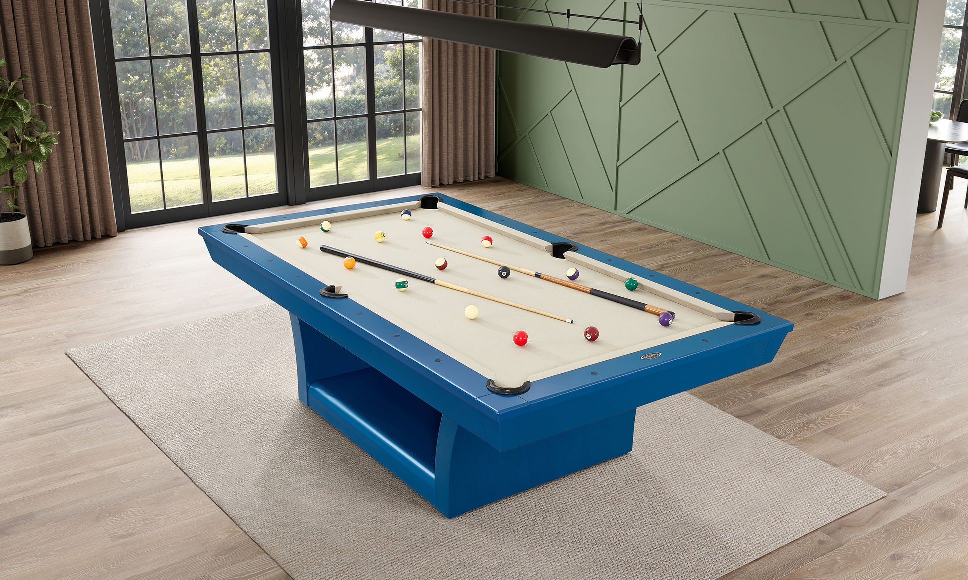 Hudson 8 ft modern pool table in blue with solid wood construction and slate playing surface in contemporary living room