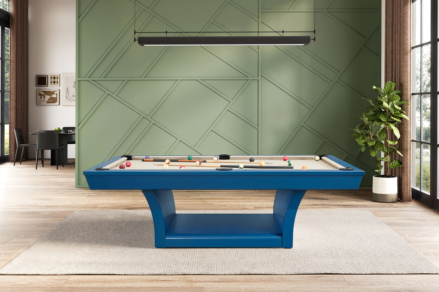 Hudson 8 ft modern pool table in blue with solid wood construction and slate playing surface in contemporary living room