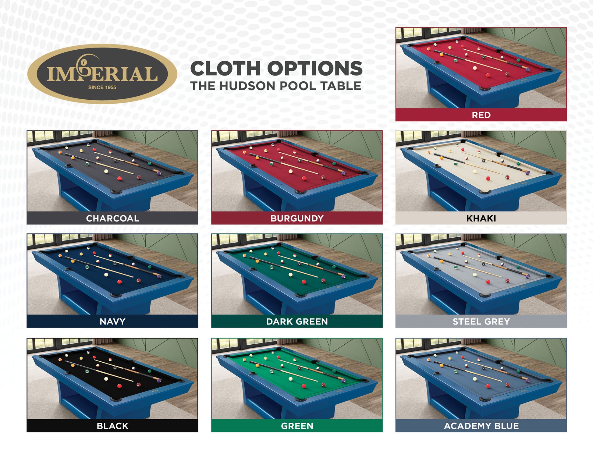 Hudson 8 ft modern pool table in blue with solid wood construction and slate playing surface in contemporary living room