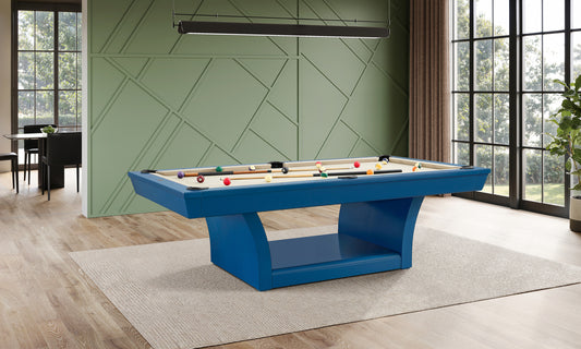 Hudson 8 ft modern pool table in blue with solid wood construction and slate playing surface in contemporary living room