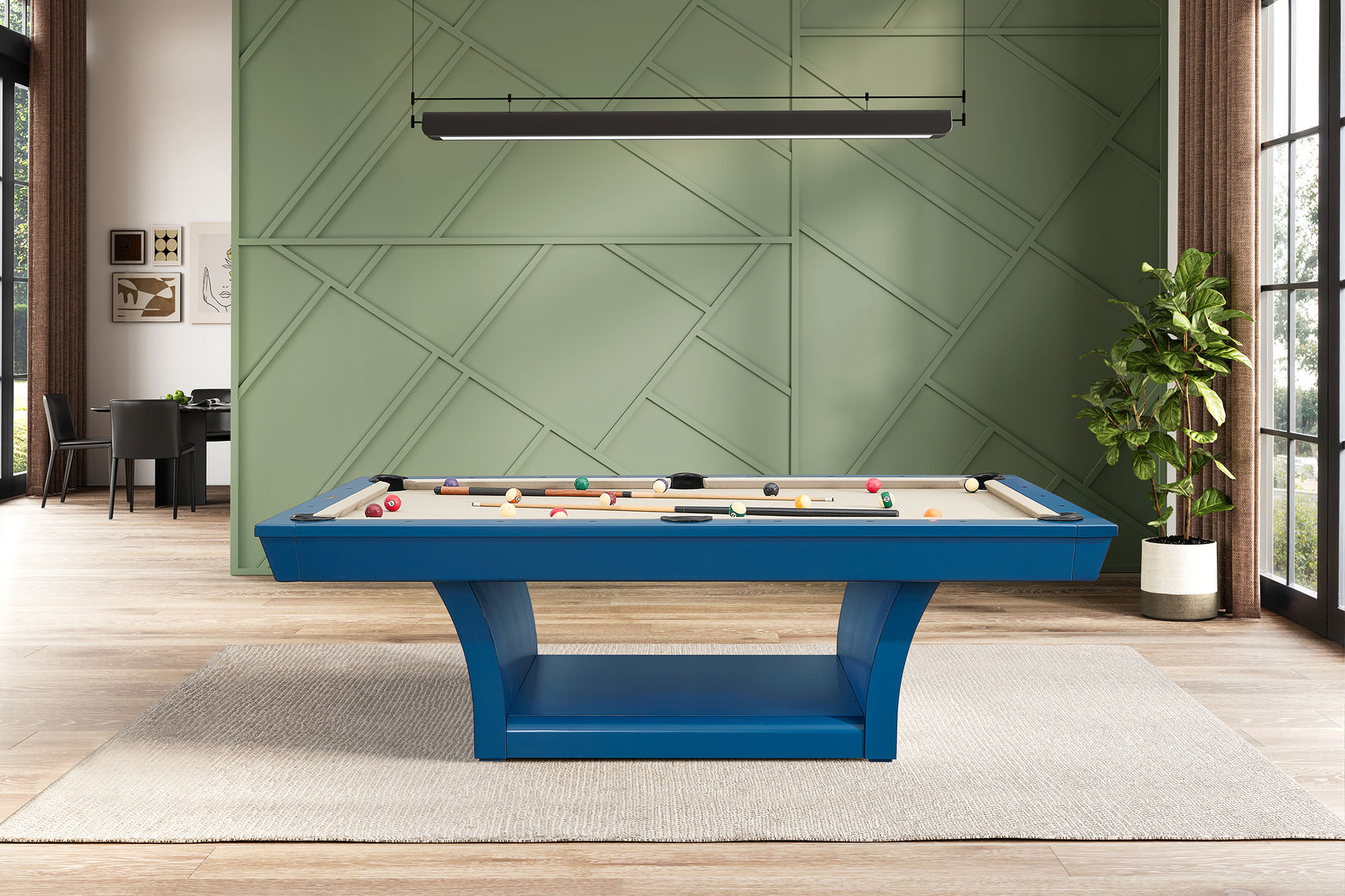Hudson 8 ft modern pool table in blue with solid wood construction and slate playing surface in contemporary living room