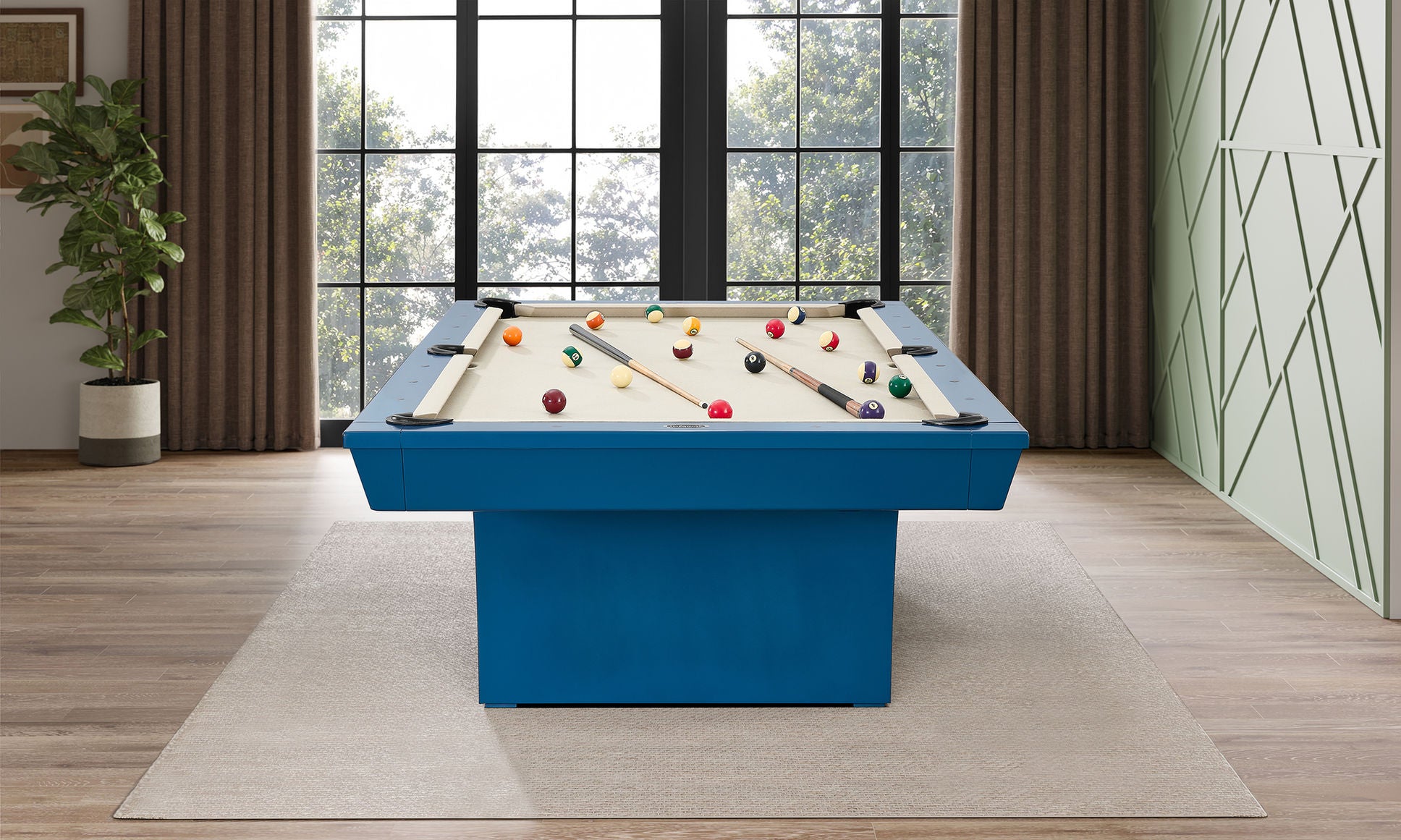 Hudson 8 ft modern pool table in blue with solid wood construction and slate playing surface in contemporary living room