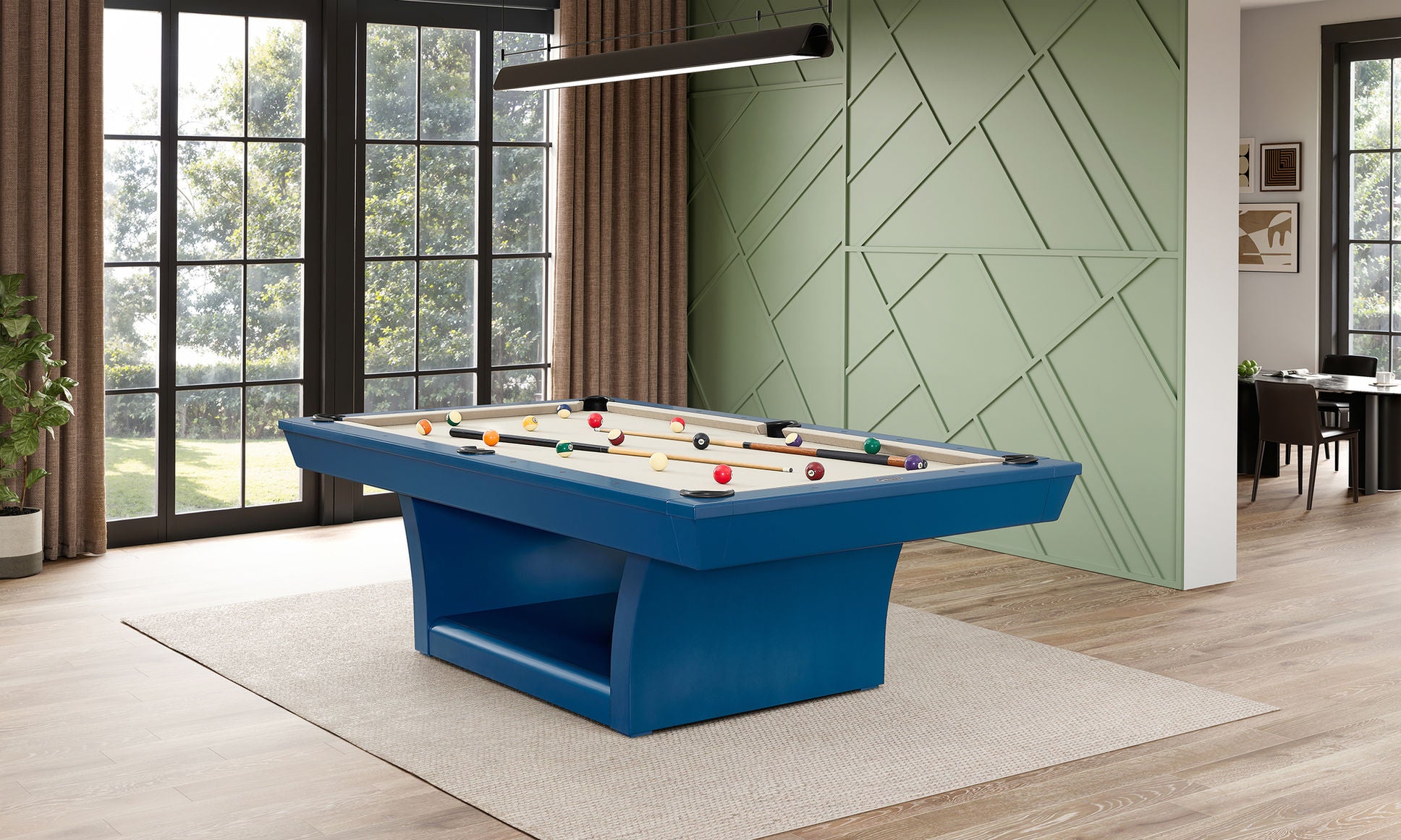 Hudson 8 ft modern pool table in blue with solid wood construction and slate playing surface in contemporary living room