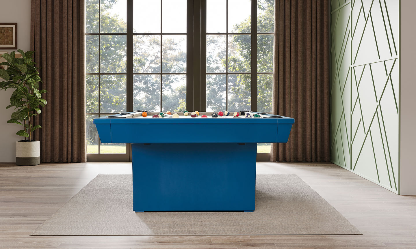 Hudson 8 ft modern pool table in blue with solid wood construction and slate playing surface in contemporary living room