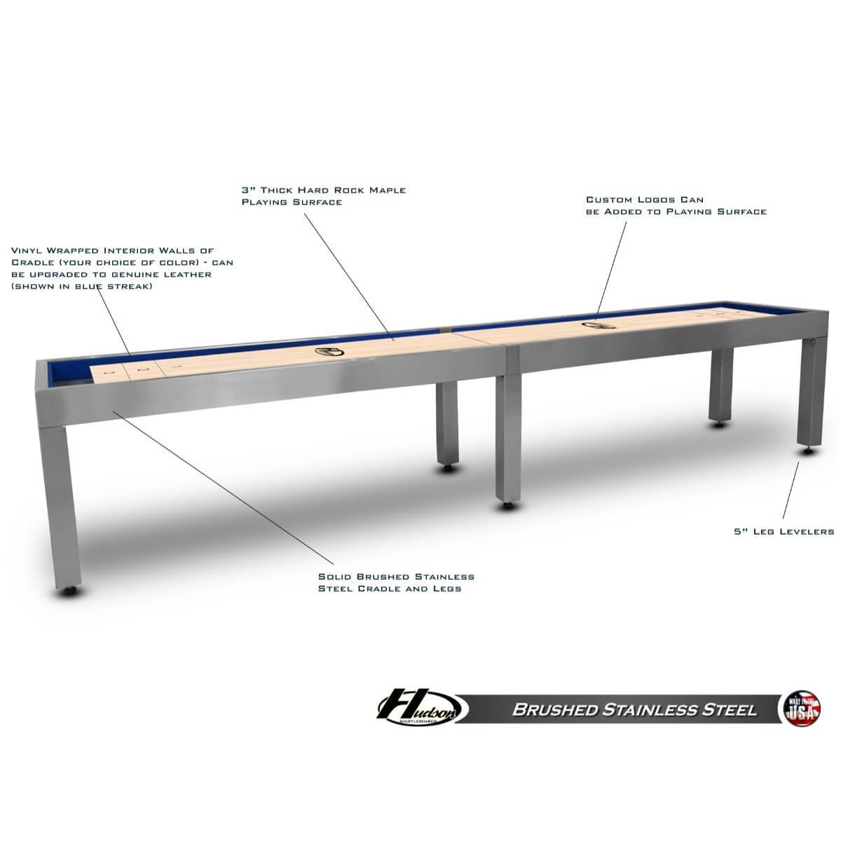 Hudson Brushed Stainless Steel Shuffleboard Table 9'-22' with Custom Finish Options - Gaming Blaze