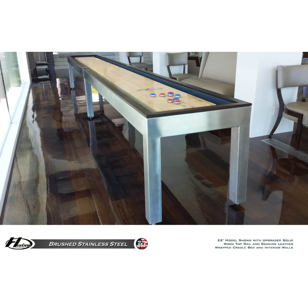 Hudson Brushed Stainless Steel Shuffleboard Table 9'-22' with Custom Finish Options - Gaming Blaze