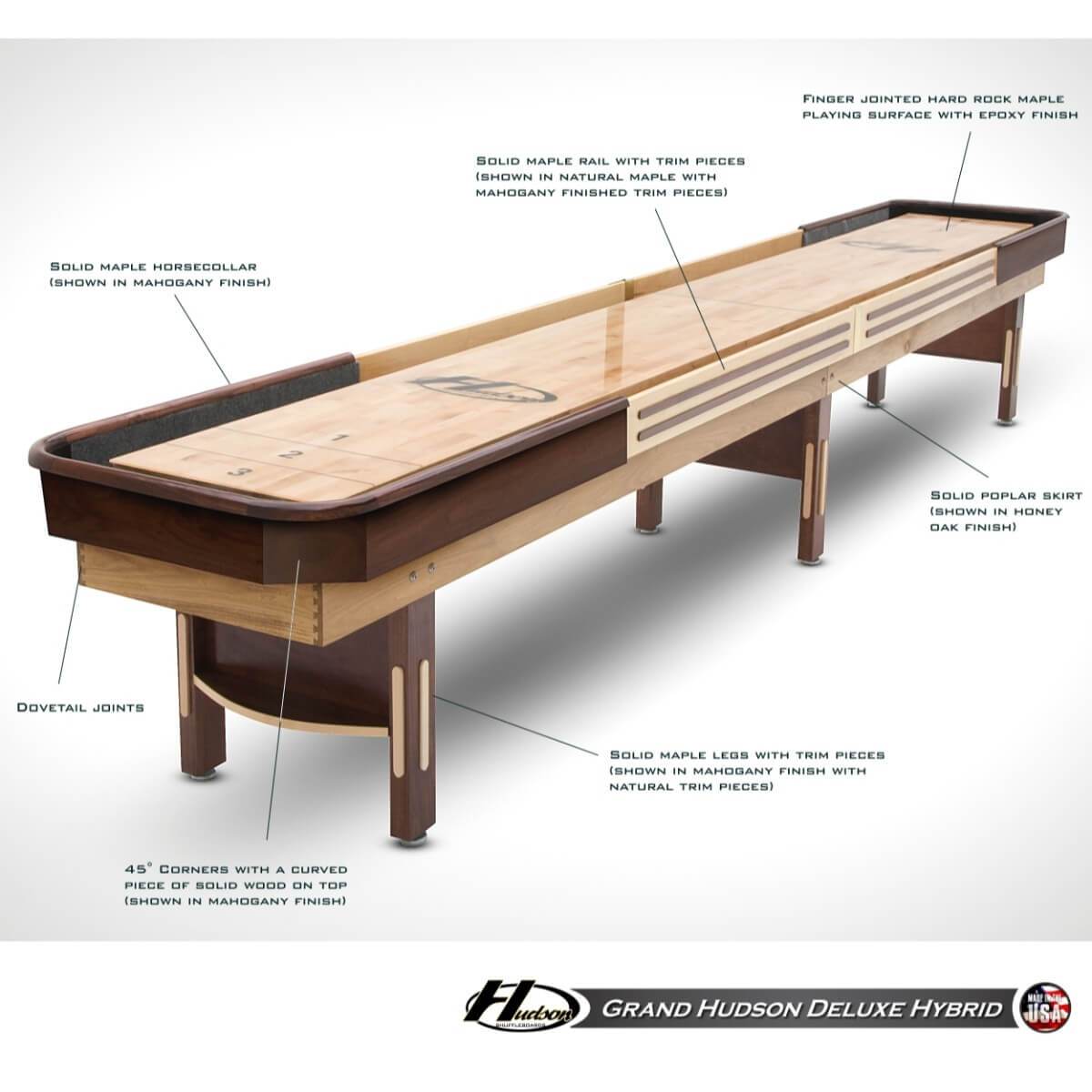 Grand Hudson Deluxe Hybrid Shuffleboard Table 9'-22' with Custom Stain Options - Gaming Blaze