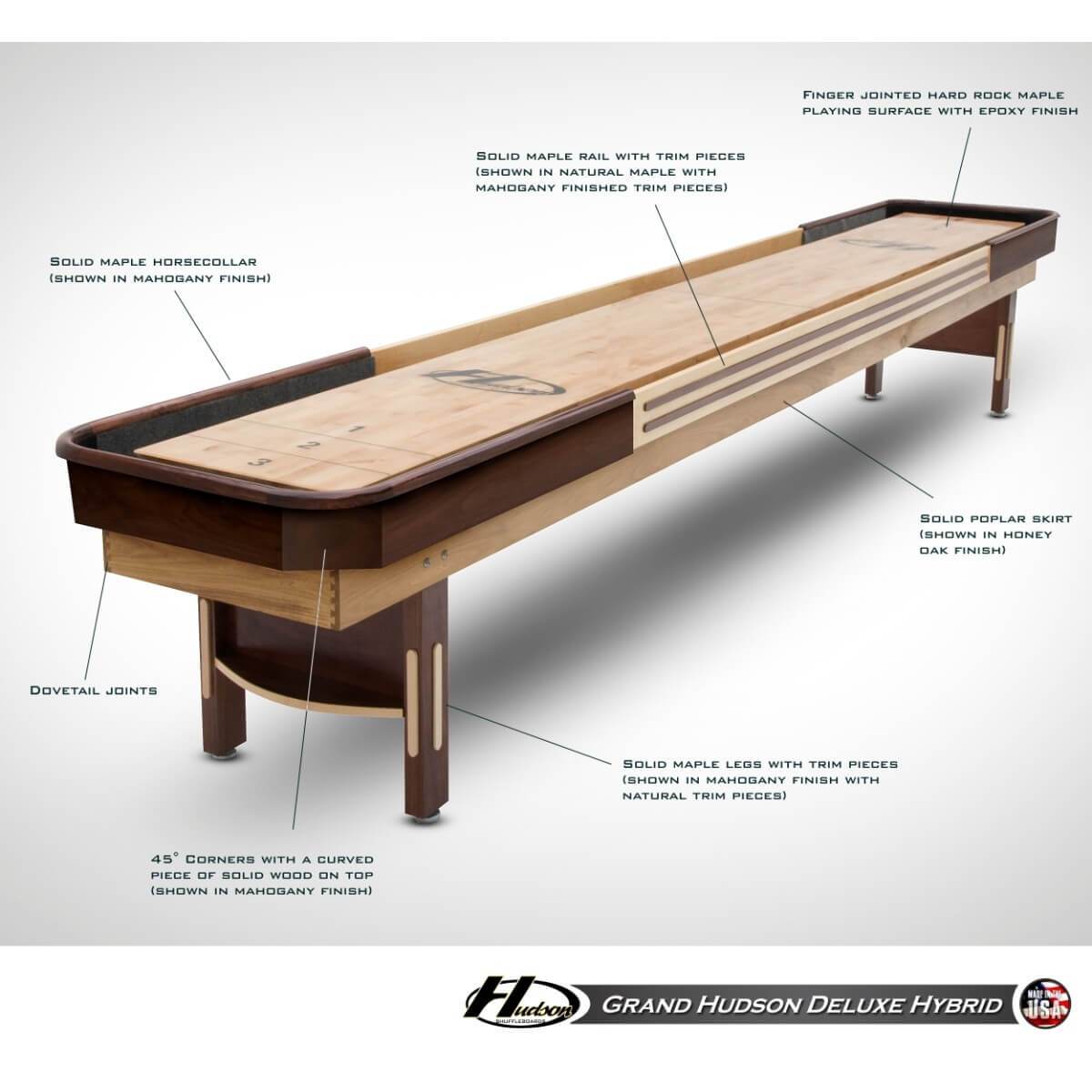 Grand Hudson Deluxe Hybrid Shuffleboard Table 9'-22' with Custom Stain Options - Gaming Blaze