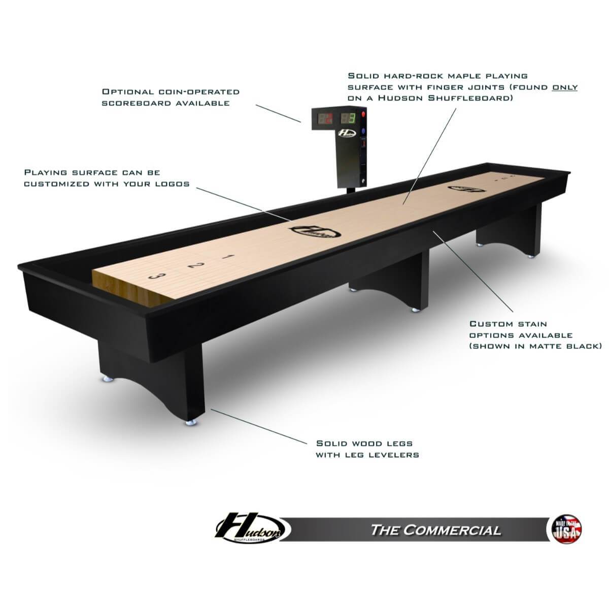 Hudson The Commercial Shuffleboard Table 9'-22' with Custom Stain Options - Gaming Blaze