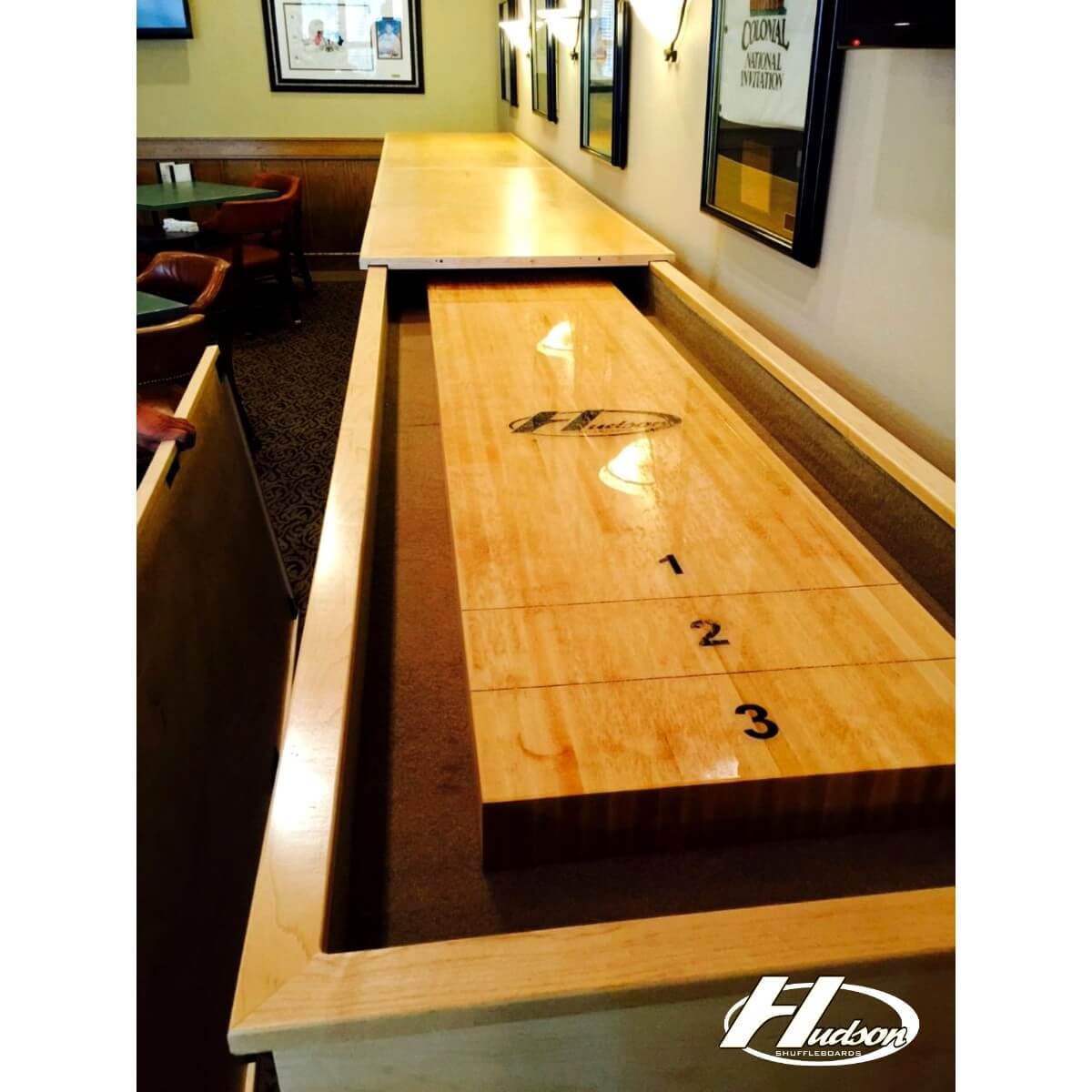 Hudson Tavern Shuffleboard Table 9'-22' Removable Hard Top and Custom Stain Options - Gaming Blaze