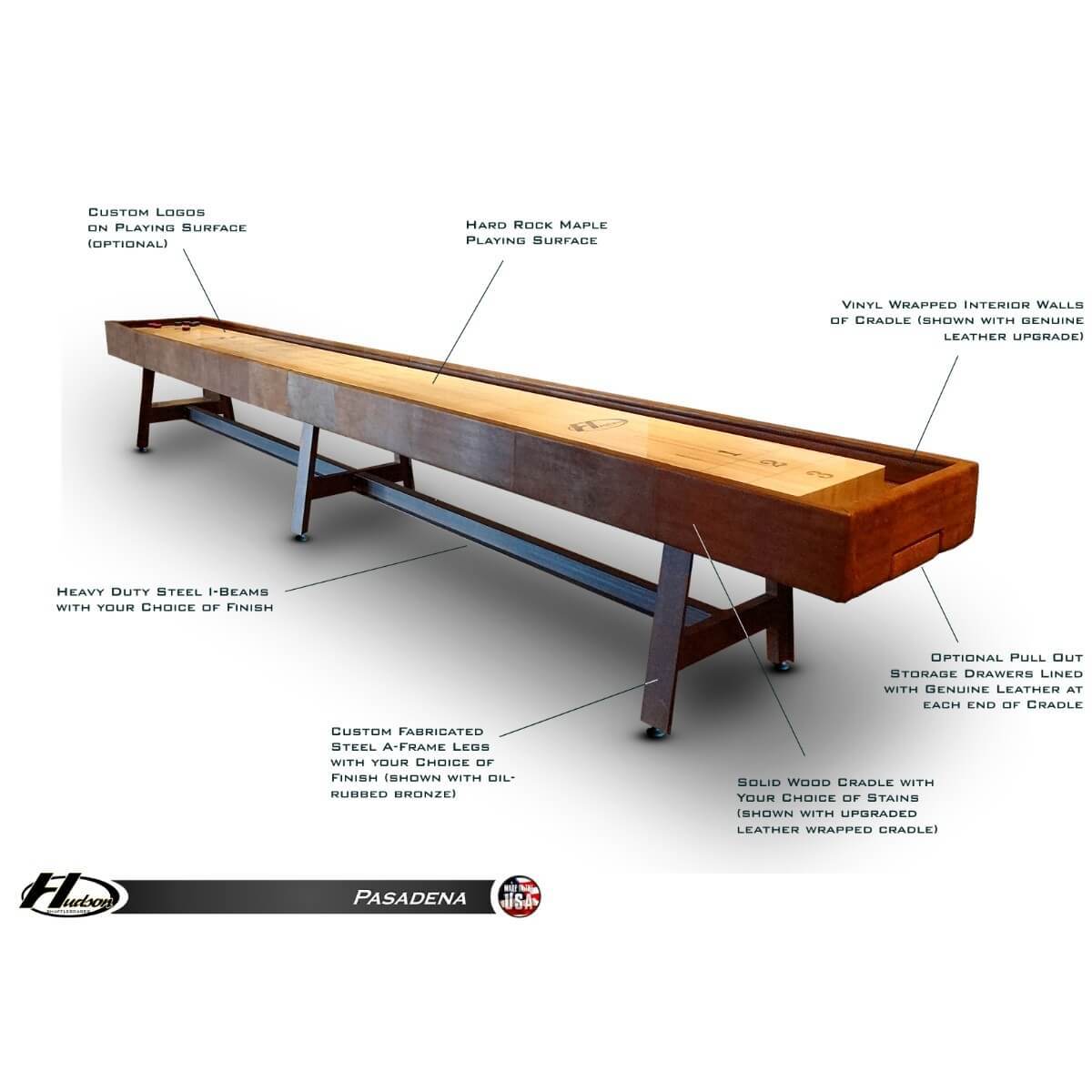 Hudson Pasadena Shuffleboard Table 9'-22' with Custom Finish Options - Gaming Blaze