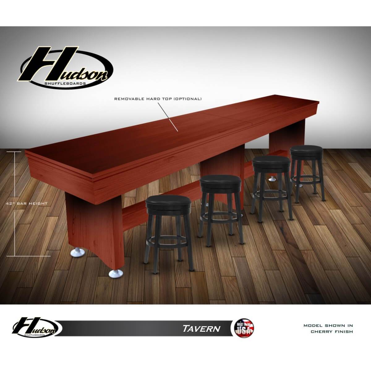 Hudson Tavern Shuffleboard Table 9'-22' Removable Hard Top and Custom Stain Options - Gaming Blaze