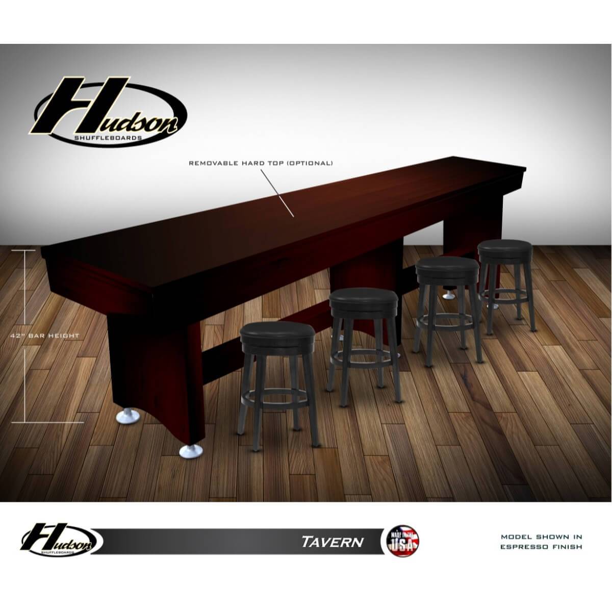 Hudson Tavern Shuffleboard Table 9'-22' Removable Hard Top and Custom Stain Options - Gaming Blaze