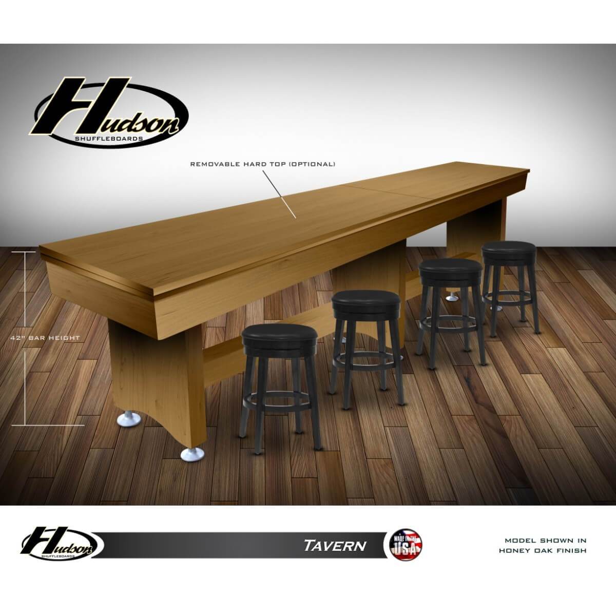 Hudson Tavern Shuffleboard Table 9'-22' Removable Hard Top and Custom Stain Options - Gaming Blaze