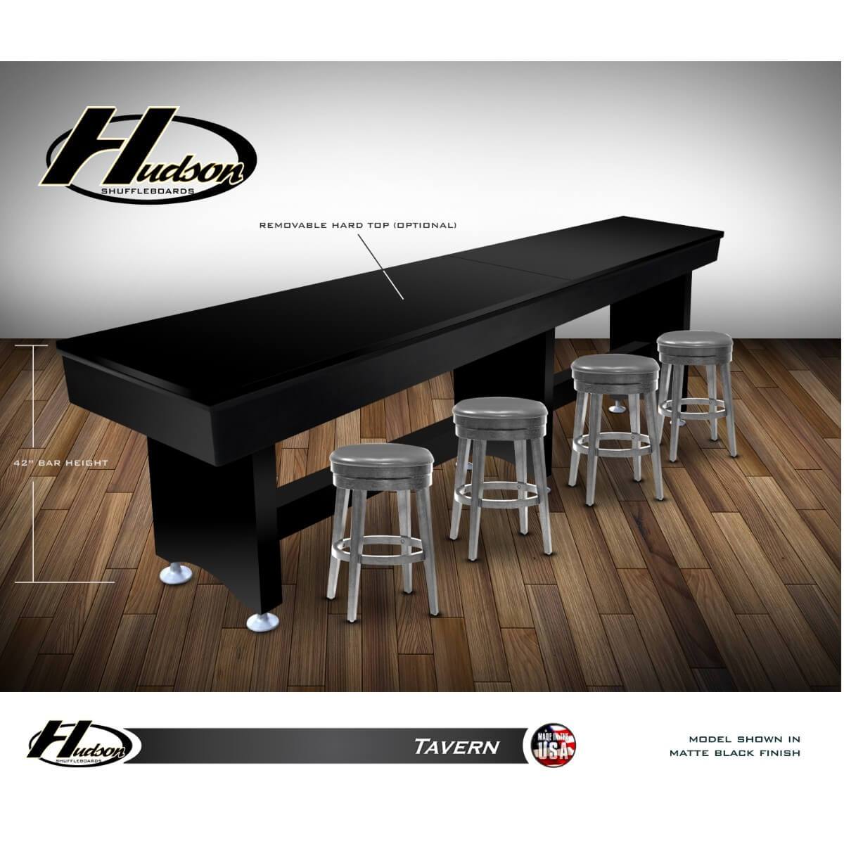 Hudson Tavern Shuffleboard Table 9'-22' Removable Hard Top and Custom Stain Options - Gaming Blaze