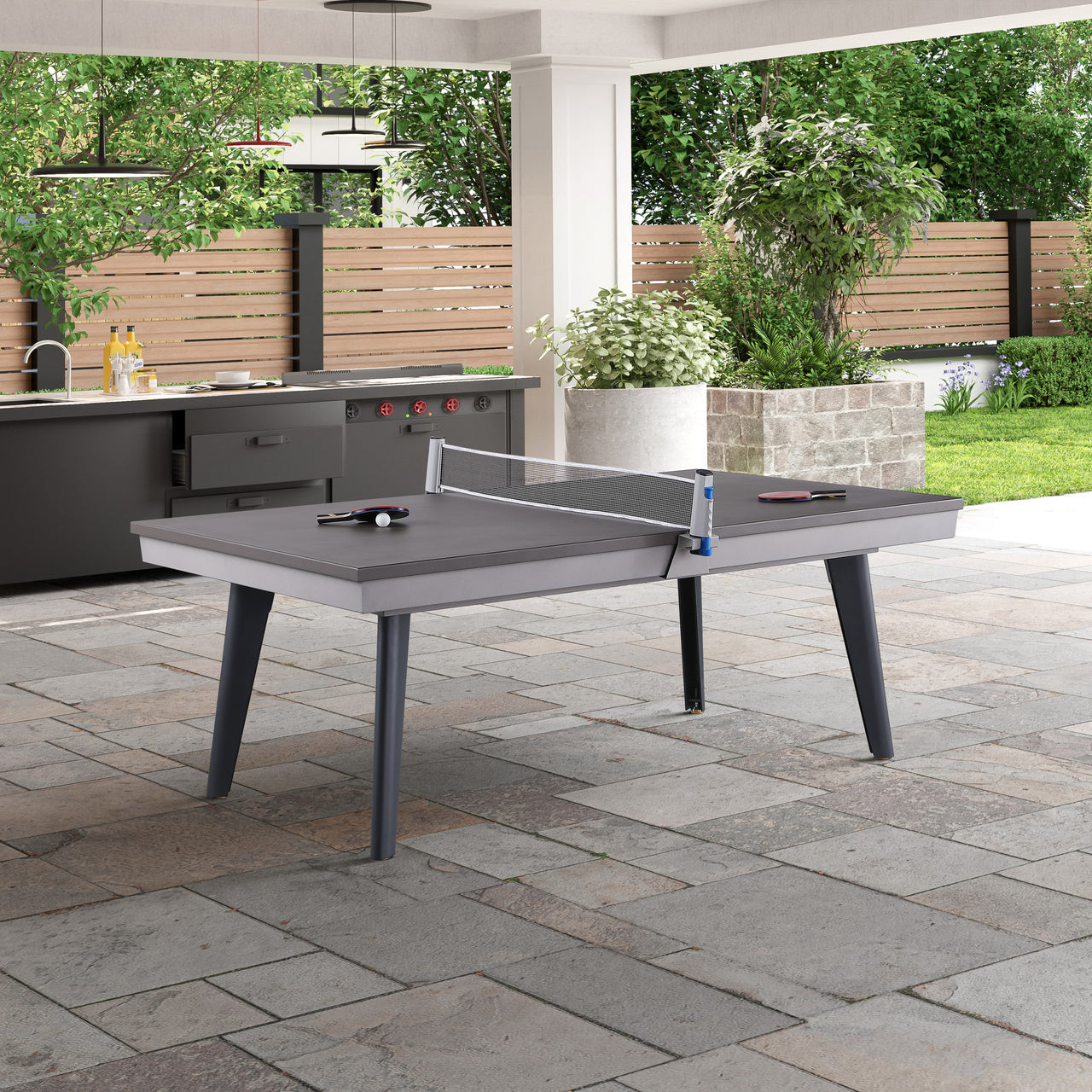 Playcraft Santorini Slate Pool w/ Dining Top Bench Ping Pong - Gaming Blaze