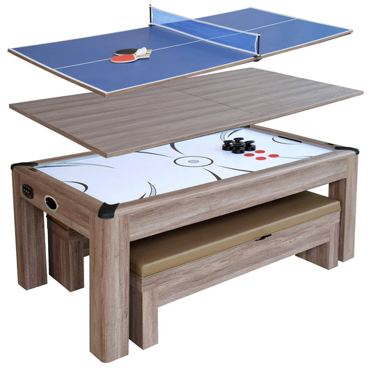 Hathaway Driftwood 7ft Multi Game Table 3 in 1 with Dining Top & Benches  - Gaming Blaze