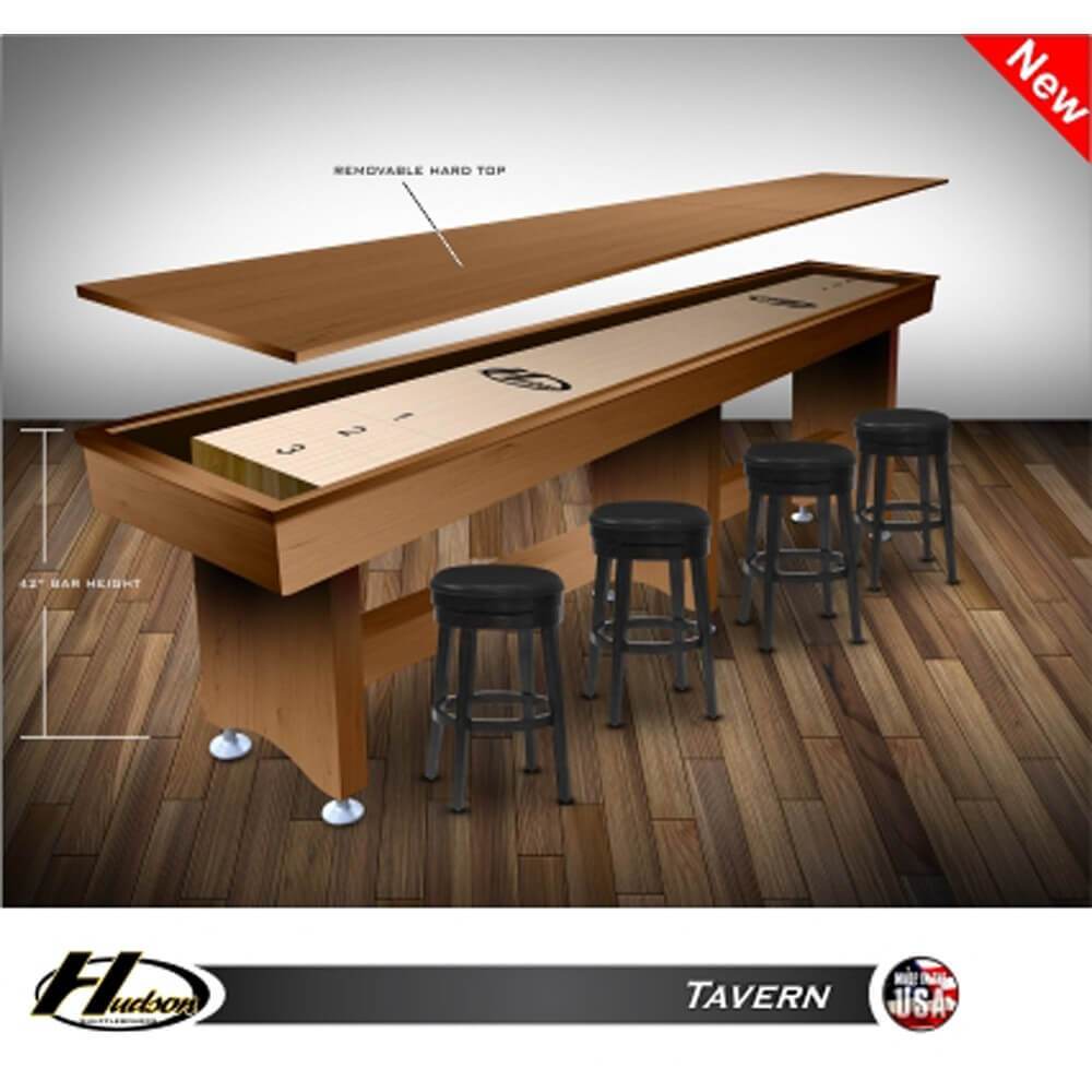 Hudson Tavern Shuffleboard Table 9'-22' Removable Hard Top and Custom Stain Options - Gaming Blaze